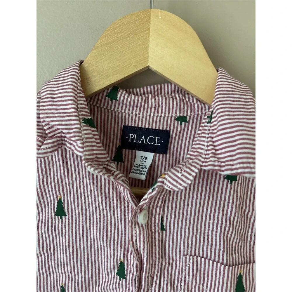 Boys Christmas Tree Button Up Shirt Size 7/8 Red Striped Poplin Long Sleeve